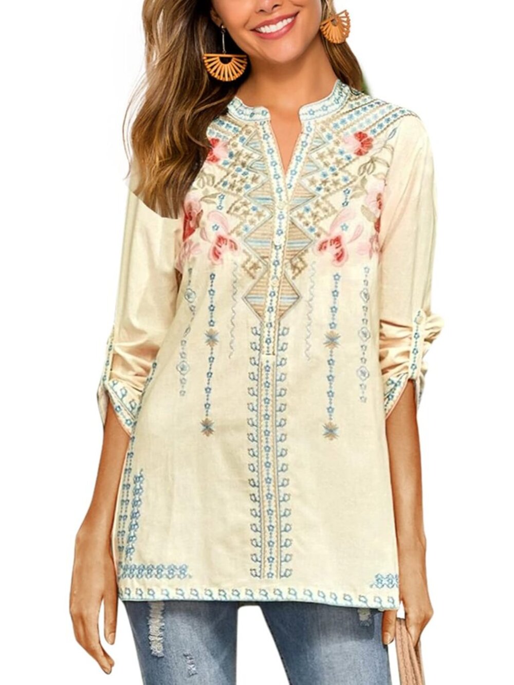 Women's Embroidered Tops Mexican Shirt V Neck Summer Casual Tops Peasant Tunic L